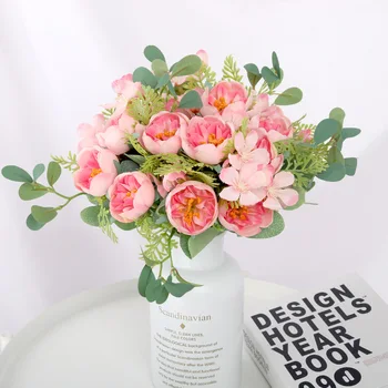 1 צרור 5 ראשי פרחים מלאכותיים אדמונית תה רוז סתיו משי פרחים מזויפים עבור DIY בסלון בית גן חתונה קישוט