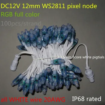 100pcs/סט DC12V למיעון 12mm WS2811 led smart פיקסל צומת RGB צבע מלא;הכל לבן 18AWG)חוט,IP68;עם 13.5 מ 