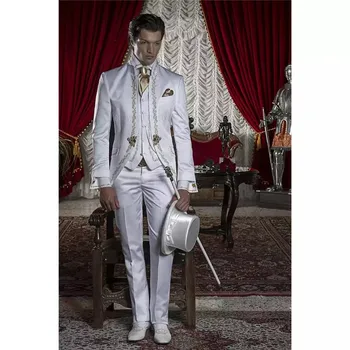 2022 רקמה השושבינים מנדרין דש החתן חליפות גברים לבנים חליפות חתונה/נשף השושבין בלייזר (ז ' קט+מכנסיים+וסט)
