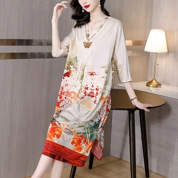 2023 הקיץ פרח רטרו הדפסה משי השמלה של נשים סינית רופף גדול צ ' יפאו שמלה שרוול קצר אופנתי באורך הברך החלוק