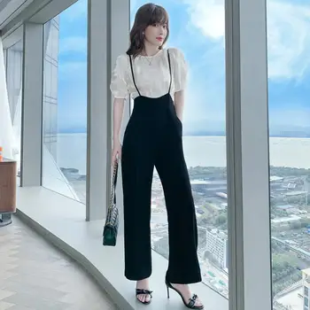 2023 נשים קיץ אופנה חליפות הנשי קוריאני מוצק רחב הרגל כתפיות מכנסיים + צבע אחיד לכל היותר בנות 2 ערכות קטע Y57