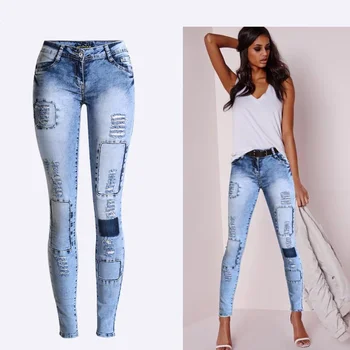 2023 קיץ סגנון מותן נמוכה שמיים כחולים טלאים סקיני צמודים נשים עיפרון ג 'ינס גבוה מתיחה סקסית לדחוף אופנה ג' ינס