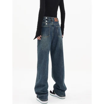 2023New דפוס כפתורים נשים ג 'ינס כחול כהה גבוהה המותניים ג' ינס אמריקאי אופנה אופנת רחוב רחב רגל סרבל ישר מכנסיים מכנסיים