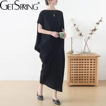 Getspring נשים שמלת 2022 אופנה עטלף שרוול רופף ארוך שמלה שחורה א-סימטרית סדיר הלבוש אביב בקיץ 2022
