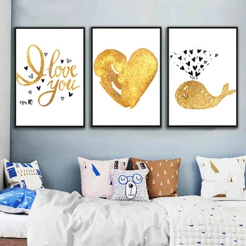 HAOCHU בצבעי מים קריקטורה נוצצים לב זהב מינימליסטי מכתב אהבה הדפסה בד הציור החתונה הביתה קיר בעיצוב חדר השינה