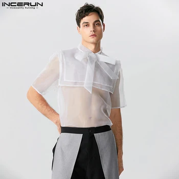 INCERUN מקסימום 2023 בסגנון אמריקאי של גברים סקסי אופנה רואה דרך רשת קשת חולצות מזדמנים מסיבת להראות דק שרוול קצר חולצה S-5XL