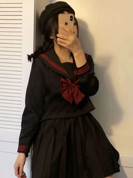 Jk המדים 2pcs קובע נשים מודל בסיסי אדום שלוש התיכון חליפה שחורה ילדה רעה מלח עליון + שחור קפלים החצאית החליפה יפן המדים