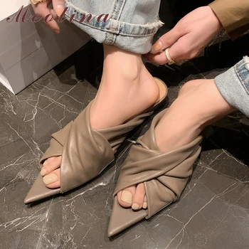 Meotina נשים אמיתיות נעלי עור מחודד בוהן שטוח מחליק קפלים נשים אופנה נעלי קיץ האביב שחור חאקי 40
