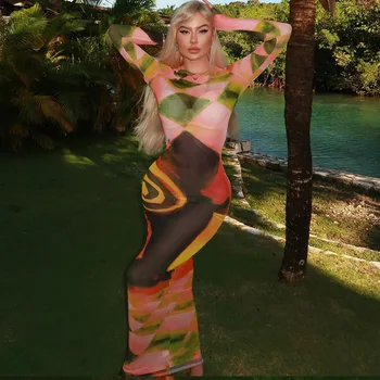Multicolour 3D מודפס סקסי קצר שמלת Bodycon נשים אופנת רחוב או ' צוואר שרוול ארוך קיץ מיני קלאב שמלות ערב Vestidos