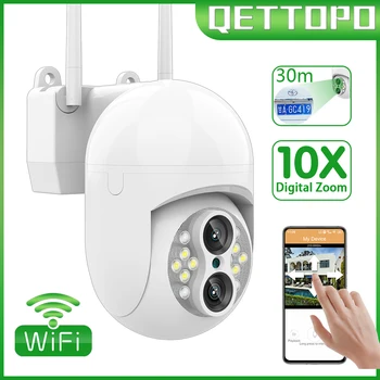 Qettopo 4MP כפול עדשה WiFi מעקב חיצוני עמיד למים, מצלמה 10X זום דיגיטלי אבטחה CCTV מצלמה צבע מלא ראיית לילה