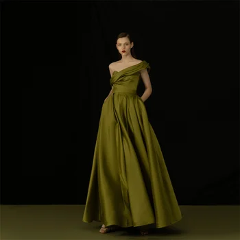 Ruolai Off-the-כתף שמלות ערב קו עיצוב אלגנטי סאטן ירוק מסיבת שמלה לנשים L07