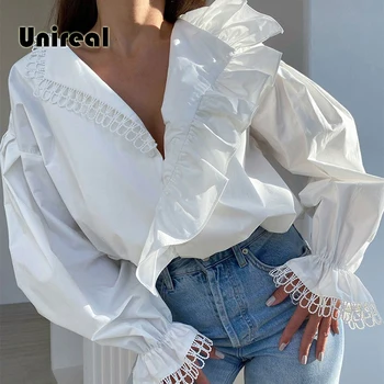 Unireal 2023 קיץ נשים חולצה לבנה, חולצה שרוול ארוך צוואר V נופש חוף לפרוע חולצה חולצות