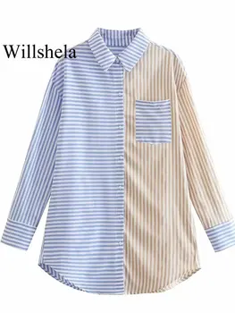 Willshela נשים אופנה עם כיס פסים טלאים אחת עם חזה החולצה וינטג ' דש הצוואר שרוולים ארוכים נשי אופנתי חולצות
