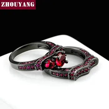 ZHOUYANG רוז רד קריסטל טבעת מיוחדת להגדיר עבור נשים שחור צבע זהב מסיבת קוקטייל טבעות באיכות גבוהה תכשיטי אופנה מתנה R620