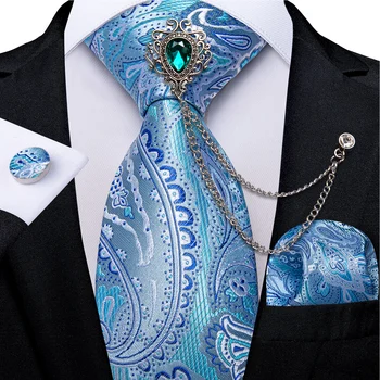 אופנה כחול בהיר פייזלי הקשרים של גברים המטפחת חפתים עם סיכת קריסטל שרשרת 8cm משי עניבות לגברים מתנה Dropshipping