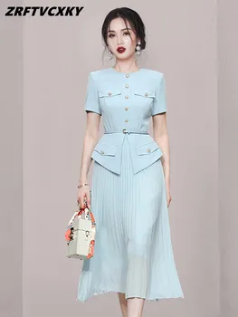 אלגנטי משרד גבירותיי קפלים שמלות 2022 חדש קיץ נשים שרוול קצר בציר טלאים כחולים שיפון Midi שמלה Vestidos