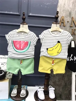 בנות בנים כותנה אבטיח בננה שרוולים קצרים חולצה מכנסיים סטים בגדים אופנה ילדים בקיץ פסים פירות בגדים SA1334