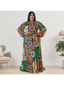בתוספת גודל אפריקה שמלות לנשים 5xl 4xl ליפול בציר מודפסות שרוול ארוך מקסי שמלה ארוכה עם חגורה