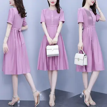 גודל גדול שמלת פשוט 2022 הקיץ של נשים אופנה סביב צוואר מוצק צבע קוריאני שרוול קצר מקרית Midi שמלה h1518
