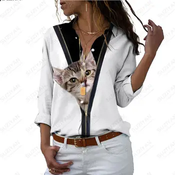 האביב 2023 נשים חולצת שרוול ארוך חתול חמוד Zip הדפסה של נשים משוחרר פולו קרדיגן החוף מזדמנים Sujuku סגנון חולצה אלגנטית