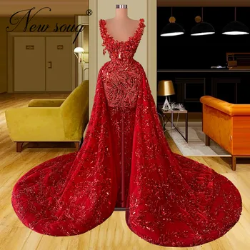 האדום המנצנץ פאייטים שמלות לנשף Vestidos לראות דרך בגדי ערב Coutures דובאי חרוזים השטיח האדום בשמלה 2022 ערבית שמלה ארוכה