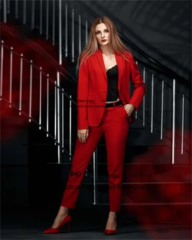 המשרד אופנה אדום רזה כפתור אחד של נשים מכנסי החליפה מחורצים דש 2 חתיכות מגדיר את הז ' קט מכנסיים נשים בלייזרס לעבודה