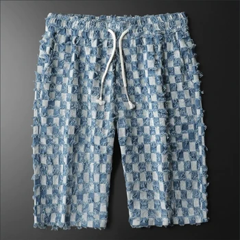 הקיץ חדש ג ' ינס שחוק חוף מכנסיים מכנסיים כחולים עבור אופנתי של גברים מקרית capris גדיל כחול משובץ מכנסיים קצרים מ-4XL