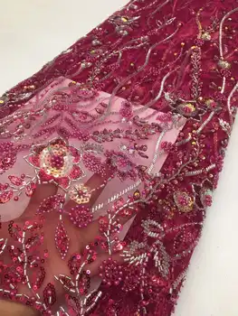 חדש כבדה עיצוב צינור חרוז פנינים רקמה צרפתי רשת חוט אפריקה תחרה, נצנצים על שמלות ערב לנשים בד השמלה