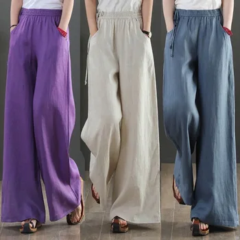 חדש תחרה אלסטי המותניים רחב הרגל מכנסיים מזדמנים נשים מכנסיים 2023 קיץ אופנה חדשה כיס הביתה בגדים מוצק צבע המכנסיים.