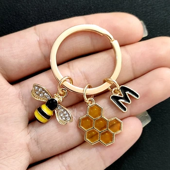 חמוד חרקים אמייל דבורה מחזיק מפתחות אופנה גיאומטריות חלת דבש מזל דבורה כיפת הזכוכית מפתח טבעת שרשרת הדבורה תכשיט מתנה
