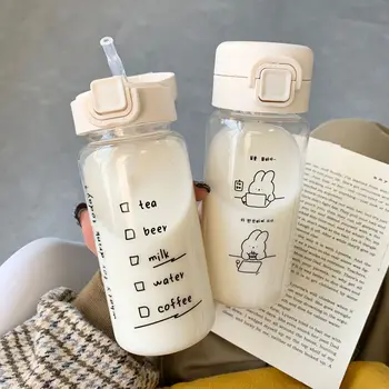 יצירתי חמוד, בקבוק מים עם קש לשתייה חלב, קפה, תה נייד דליפת הוכחה פלסטיק שותה בקבוק תוספות תלמיד גביע