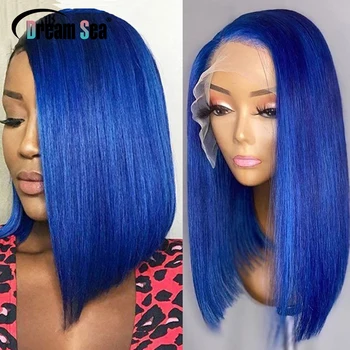 כחול קצר בוב שיער אדם פאות 13x4 תחרה קדמית פאה בצבע Glueless ברזילאי רמי שיער שקופים תחרה לנשים טרום מרוטה