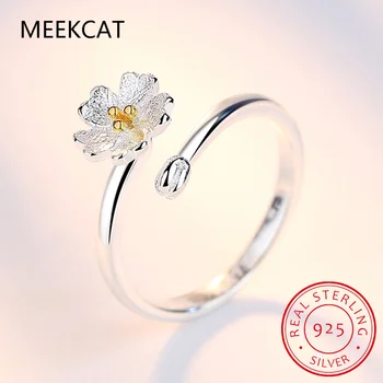 כסף סטרלינג 925 לוטוס פתיחת טבעת פרח מתכוונן טבעת אצבע לנשים כסף רומנטי תכשיטים יפים BSR371