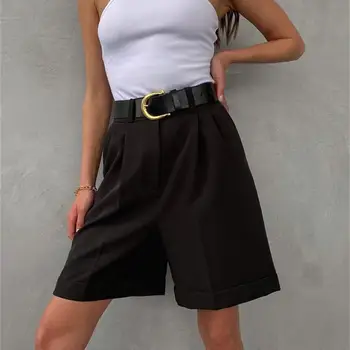 מגניב, מסוגנן צבע טהור פשוט מכנסיים קצרים אופנת רחוב נשים מכנסיים קצרים כל מתאים ללבוש יומיומי
