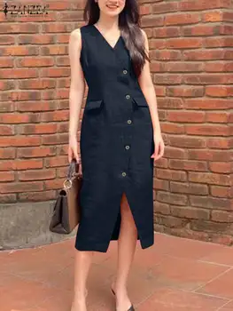 נשים אופנה אלגנטית Midi שמלה ZANZEA משרד ליידי כותנה V-צוואר בלי שרוולים רזה Vestidos 2023 הקיץ מוצק כפתור למעלה השמלה