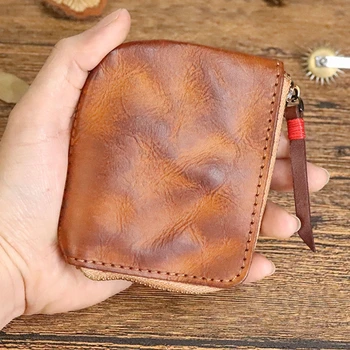 נשים גברים וינטג ' עבודת יד מיני קטן ארנק בעל כרטיס תיק תיק רוכסן לשנות את ארנקי עור אמיתי ארנק מטבעות הארנק