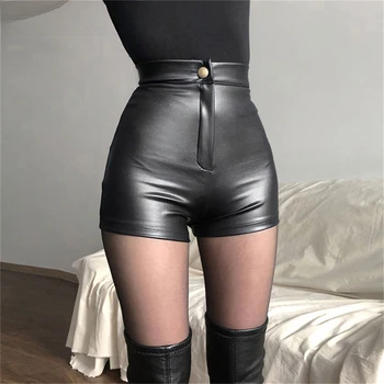 סקסי שחור PU אופנה מזדמן קיץ מכנסי נשים בגדי עור מלאכותי גותי גבוה Waisted מכנסיים קצרים