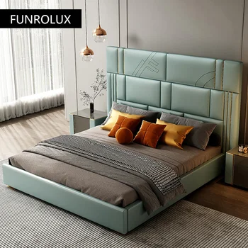 עור איטלקי למיטה מיטת הכלולות חדר השינה הראשי מיטה מודרני מינימליסטי אור יוקרה מעץ מלא מיטה זוגית