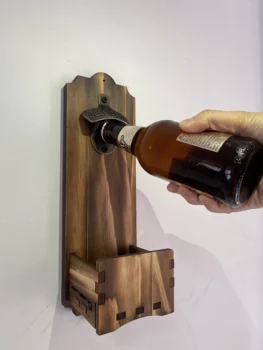 פותחן בקבוקים עם מכסה אספן תופס,עץ וינטג ' קיר רכוב פותחן בקבוקים，המתנה האידיאלית עבור גברים אוהבי בירה להשתמש כמו בר