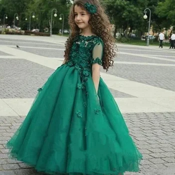 פרח ילדה שמלות ירוק טול נפוחה אפליקציות 3D פרח שרוול קצר על חתונה, מסיבת יום הולדת שמלות אכילת לחם הקודש