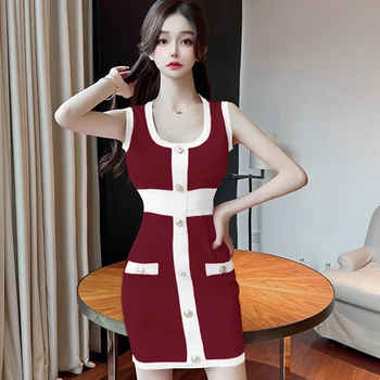 קוריאני קיץ בציר אלגנטי סיבתי שיק ללא שרוולים טנק אפוד סרוגים Bodycon סקסי Suspender אופנה פס השמלה Vestido החלוק