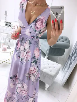 קיץ אופנה שיפון מודפס מועדון שמלה ארוכה אלגנטית של נשים סקסית V-צוואר בלי שרוולים רזה גבוהה המותניים לפצל את השמלה Vestidos