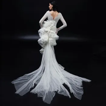 שנהב רקום תחרה בתולת ים שמלות לנשף עם פרע טול רכבת ייחודי שמלות כלה 2023 פיצול חתונה כלה, שמלה מותאם אישית